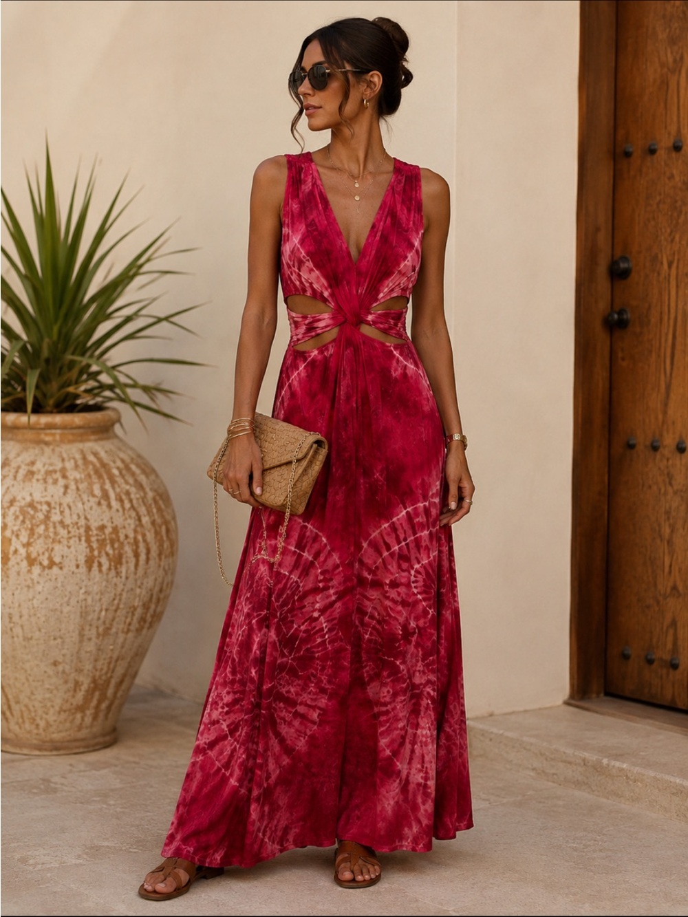 Red Tie-Dye Maxi Dress with Front Cutout and V-Neck
